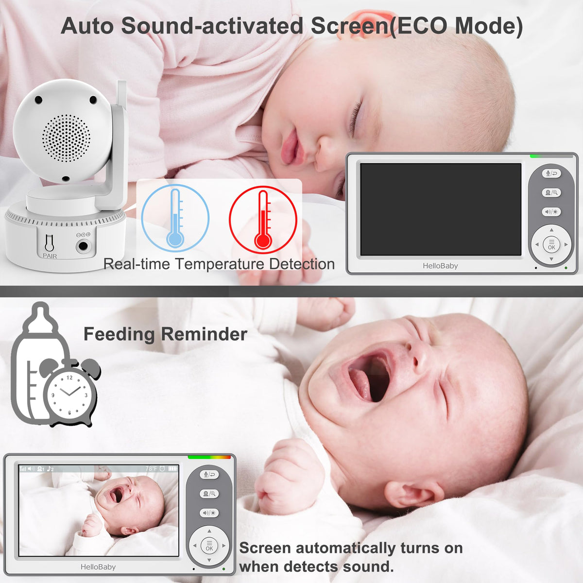 HelloBaby 4.3'' Video Baby Monitor with 30 Hours Battery, Remote Pan-Tilt-Zoom Baby Monitor No
