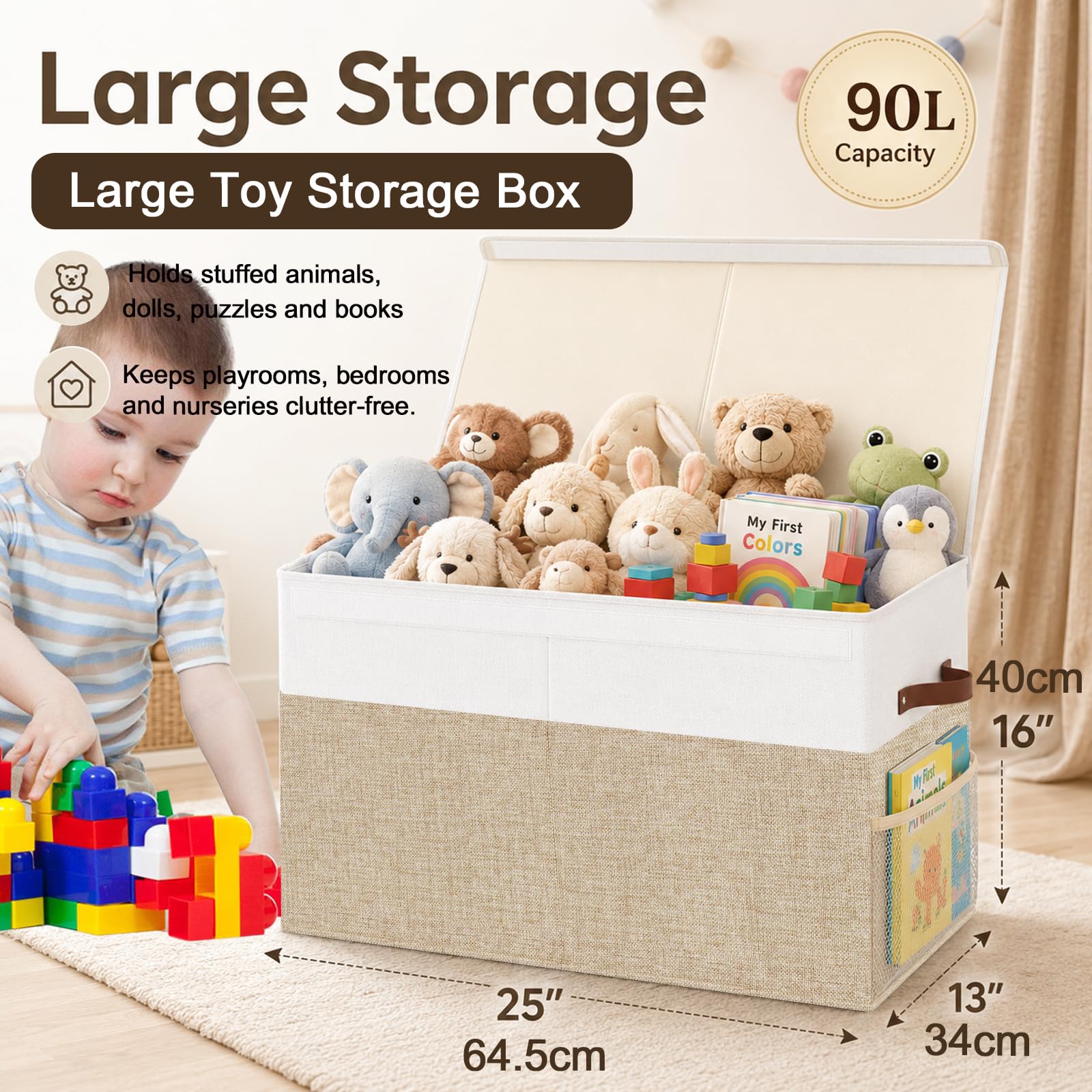Large Toy Storage Box with Lid, Toy Chest with Divider, Foldable Organizer