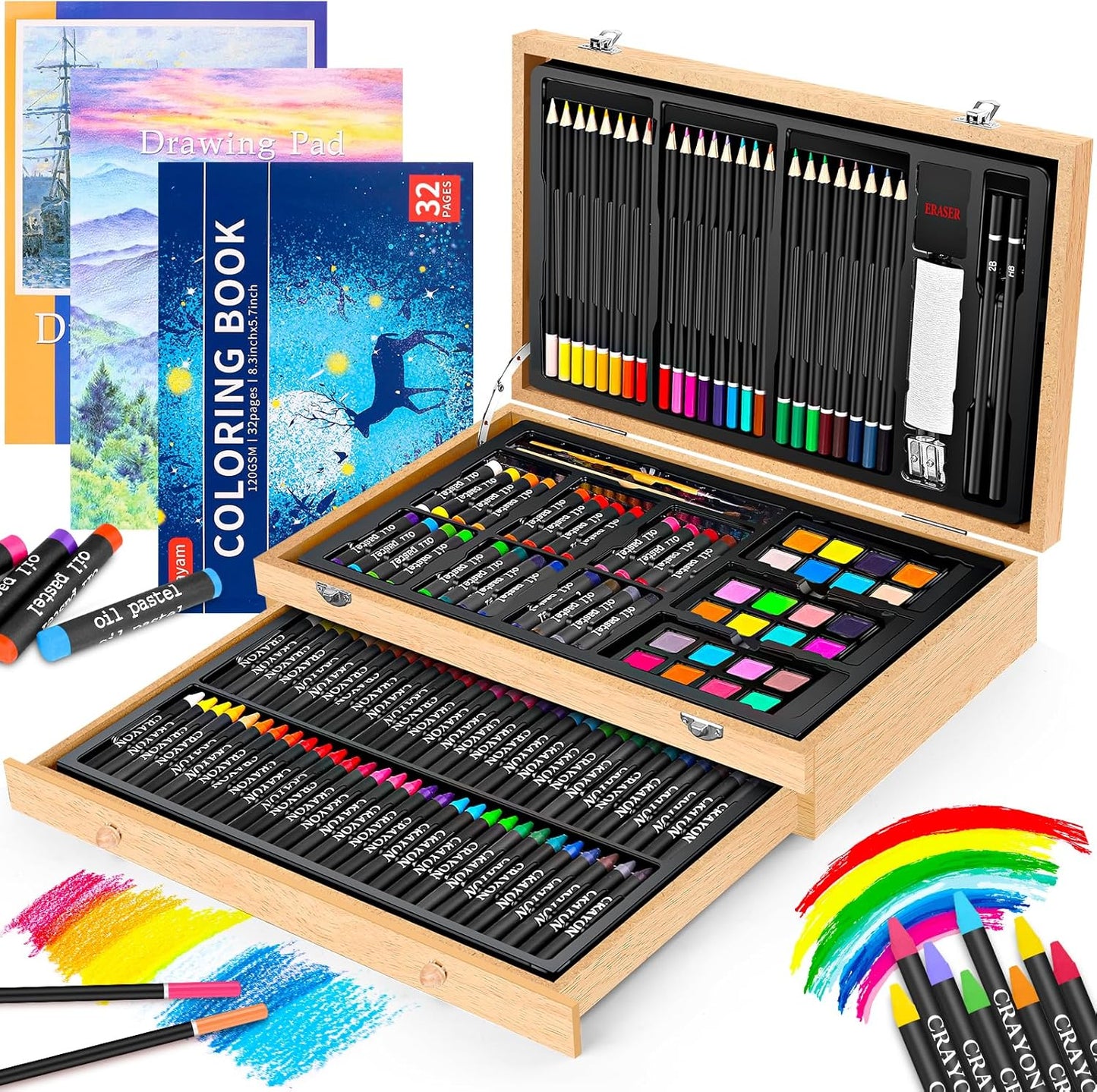 Art Supplies, iBayam 150-Pack Deluxe Wooden Art Set Crafts Drawing Painting Kit with 1 Coloring
