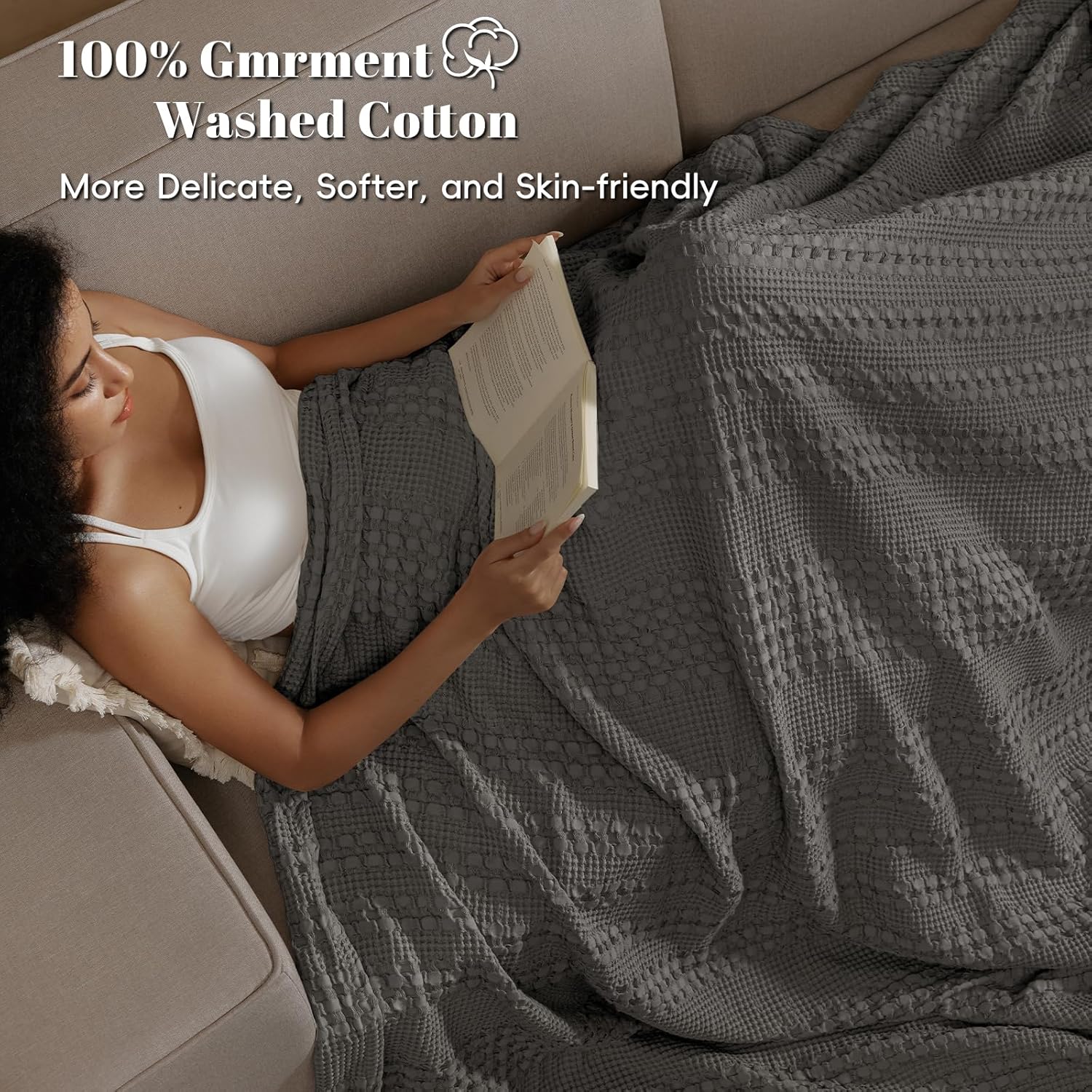 PHF 100% Cotton Waffle Weave Blanket King Size, Soft Lightweight Breathable Cozy Summer Blankets