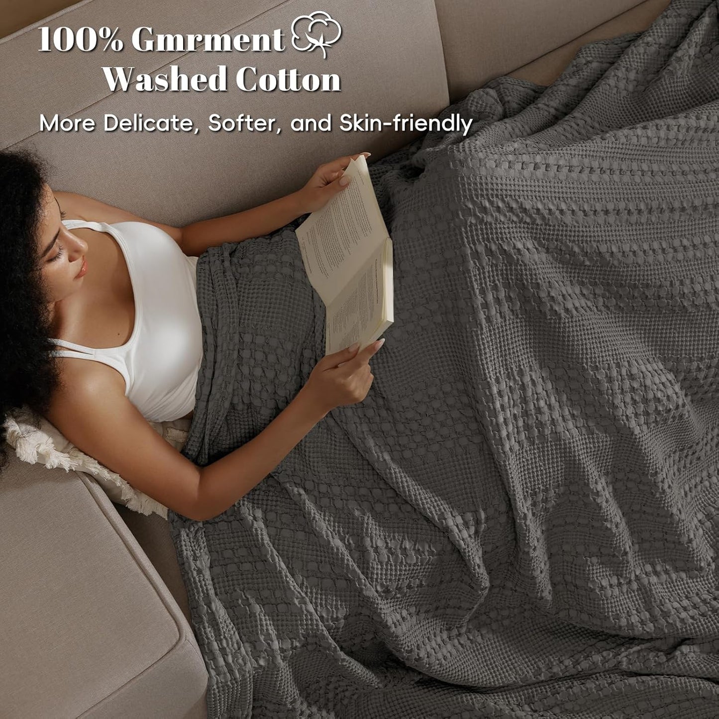 PHF 100% Cotton Waffle Weave Blanket Queen Size, Soft Lightweight Breathable Cozy Summer Blankets