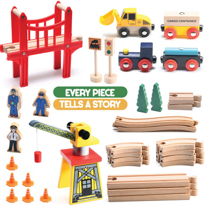 Play22 Wooden Train Set Toddler Toys - 38 Pieces Wood Train Track Set for Toddlers 3-4 Years with