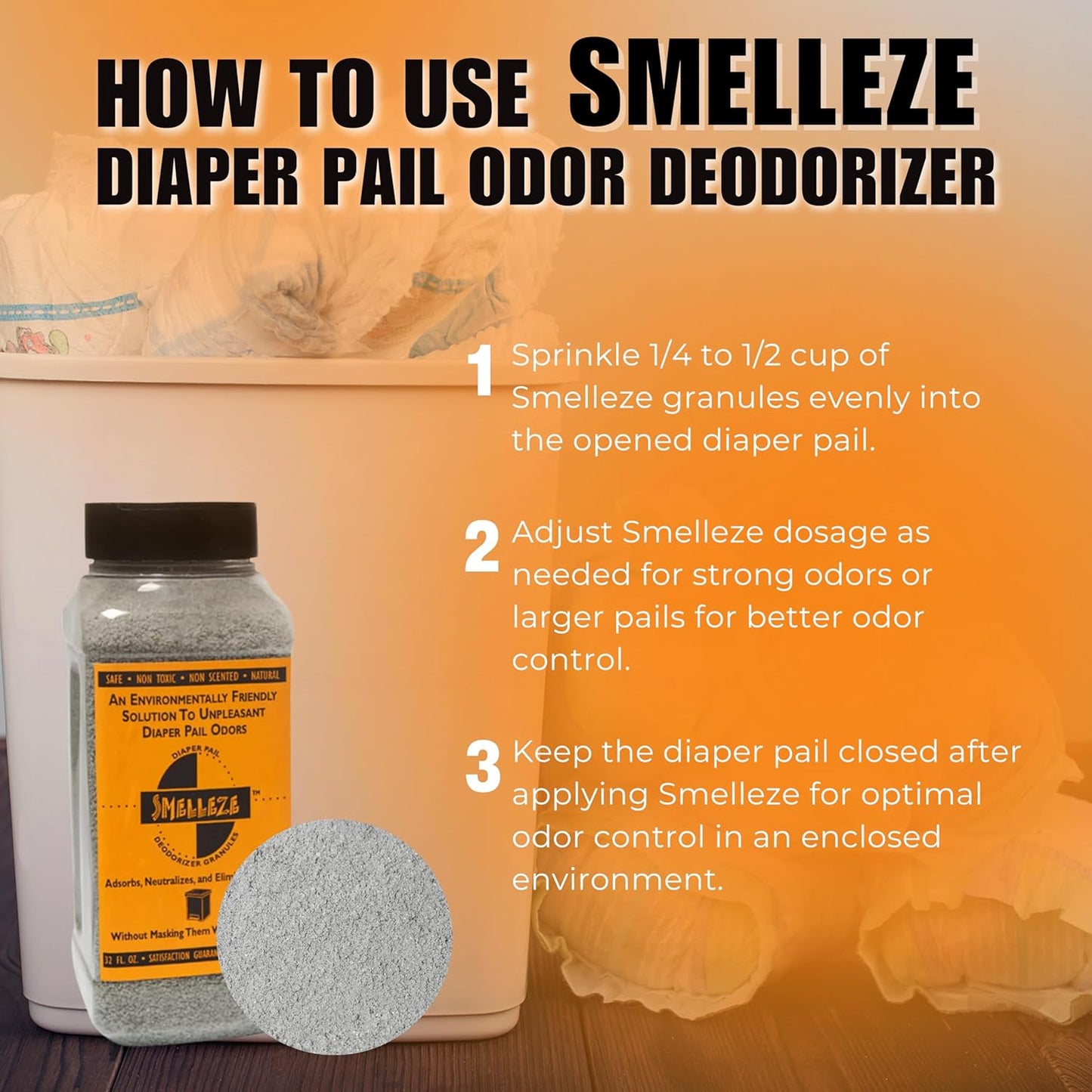 SMELLEZE Diaper Pail Deodorizer, Odor Eliminator for Diaper Pail, Baby Poop Deodorizer & Human