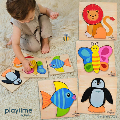 MAGIFIRE Toddler Puzzles Wooden Set of 4-4-Pack Multicolor Wood Animal Shapes with Storage Bag &