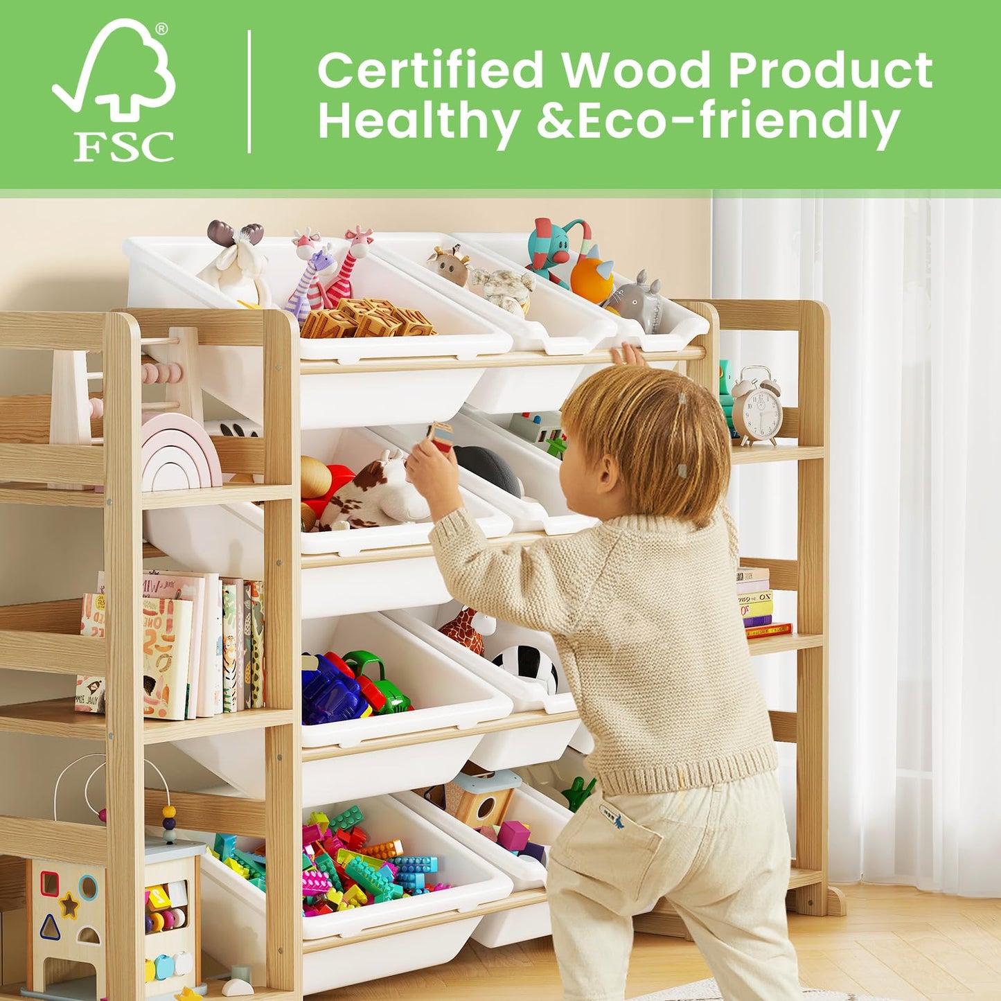 EXPERLAM Extra Large Toy Storage - Toy Storage Organizer, Wooden Toy Organizer with 6 Side Shelves
