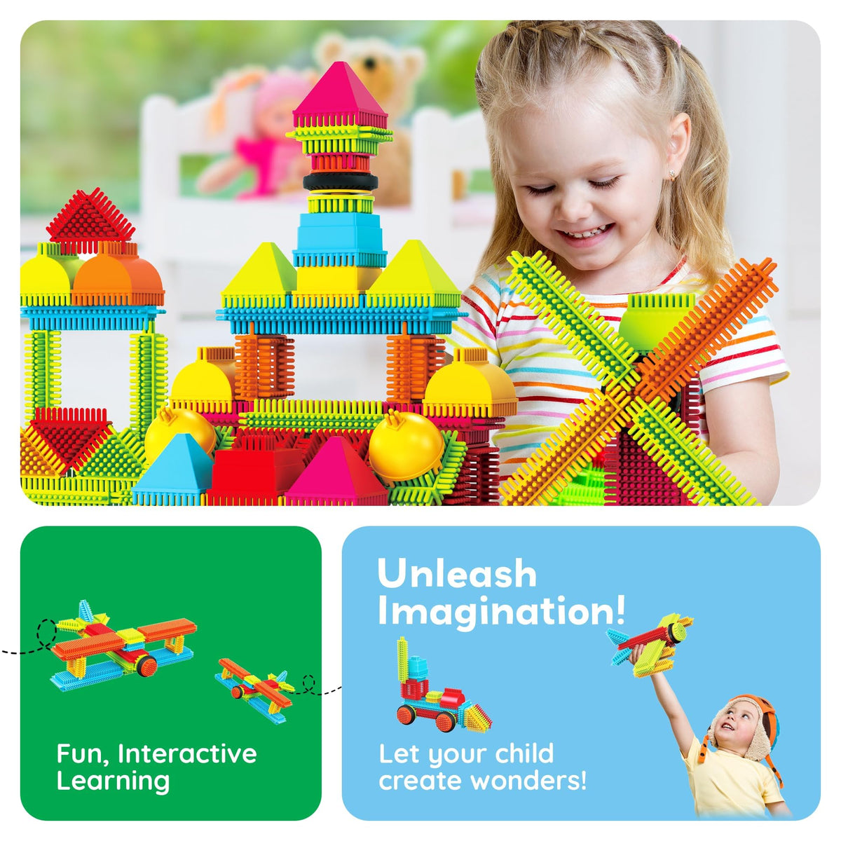 PicassoTiles 120pcs Hedgehog Interlocking Building Blocks Tiles Construction Toy Set Learning