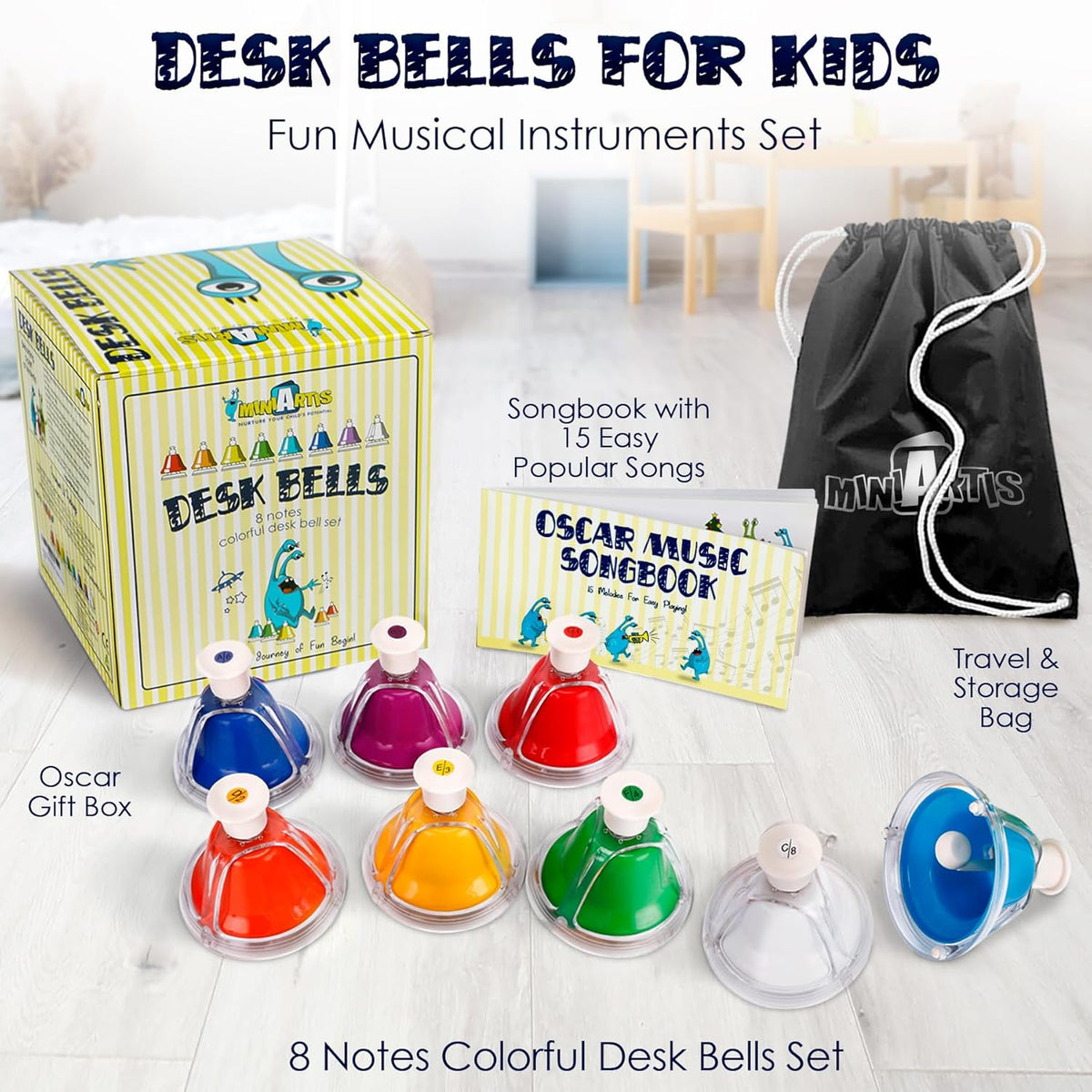 MINIARTIS Desk Bells for Kids | Educational Music Toys for Toddlers 8 Notes Colorful Hand Bells Set
