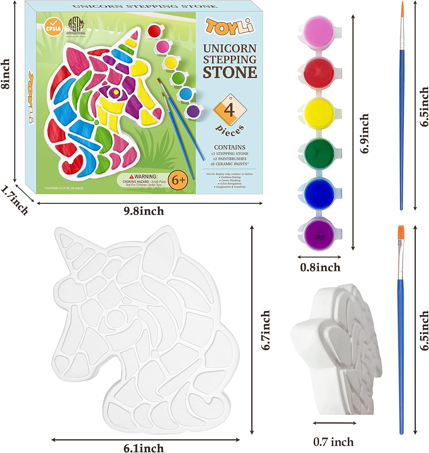 TOYLI Unicorn Painting Kit for Kids, Art Set, DIY Project, Stepping Stone Kit, Includes 2 Brushes