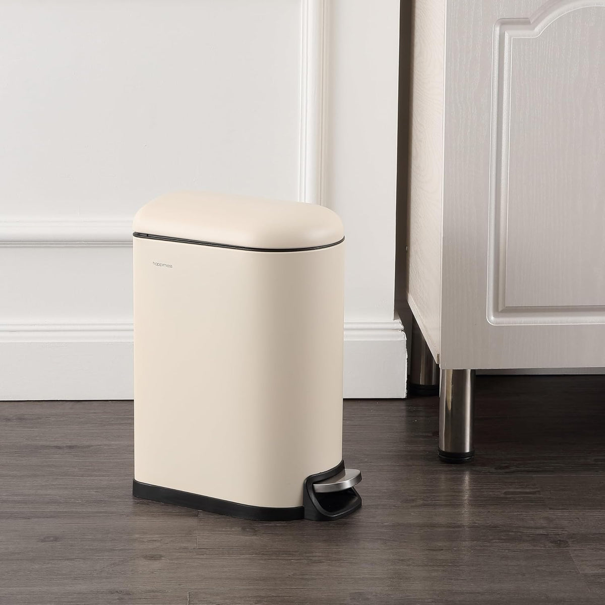happimess HPM1009F Roland Mini 2.6-Gallon Step-Open Trash Can, Limestone Beige,with Soft-Close Lid