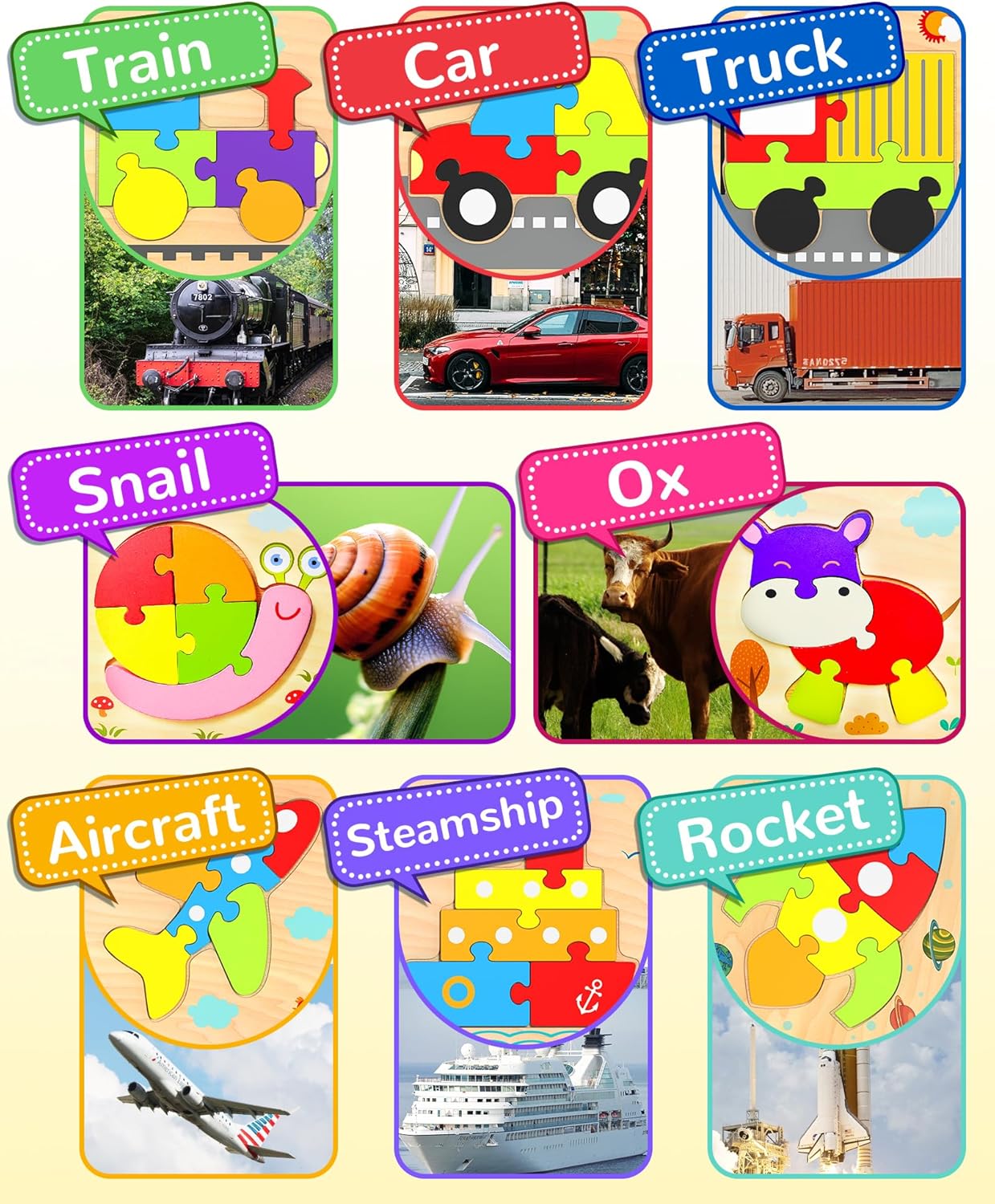 Yetonamr Wooden Toddler Puzzles Gifts Toys for 1 2 3 Years Old Boys Girls, 8 Vehicle Shape