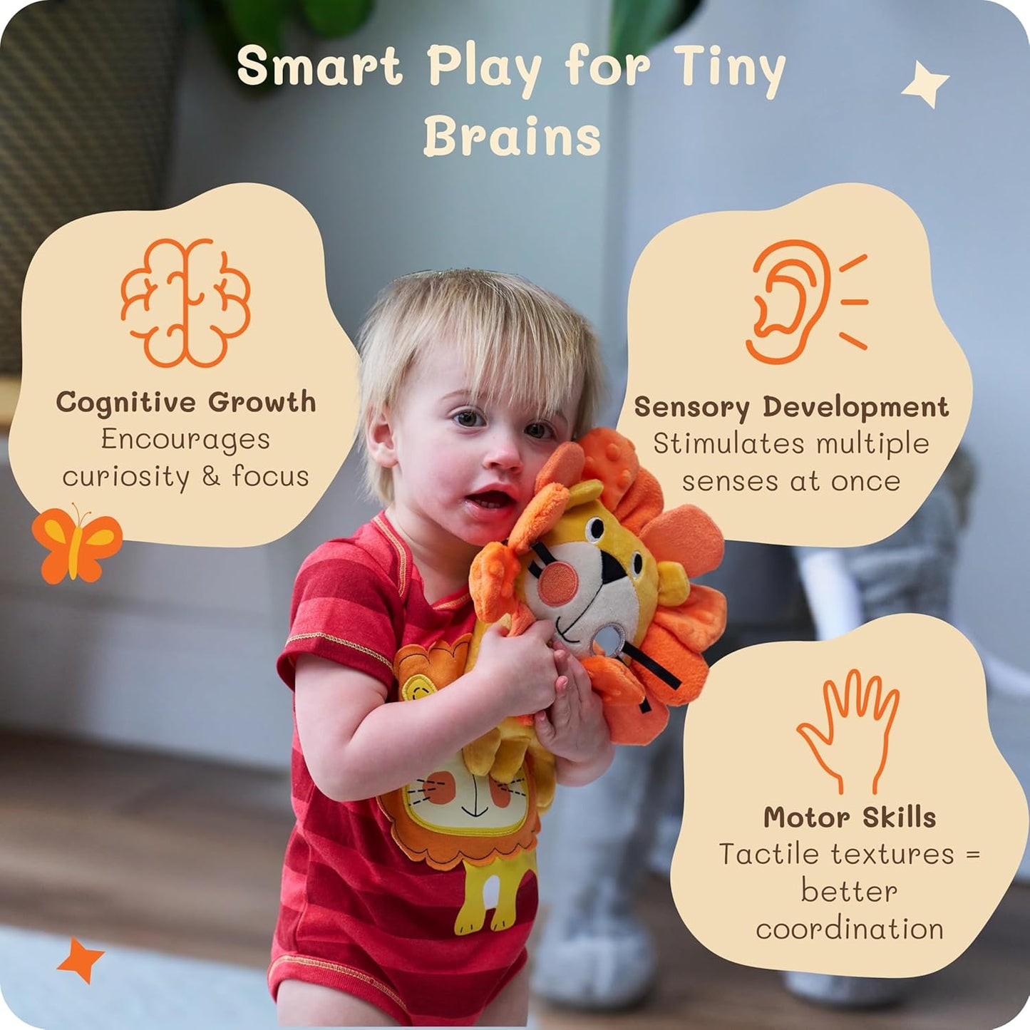 Roary The Lion Crinkle Toy for Baby - Sensory Tummy Time Toys - Plush Stuffed Animal with Teething