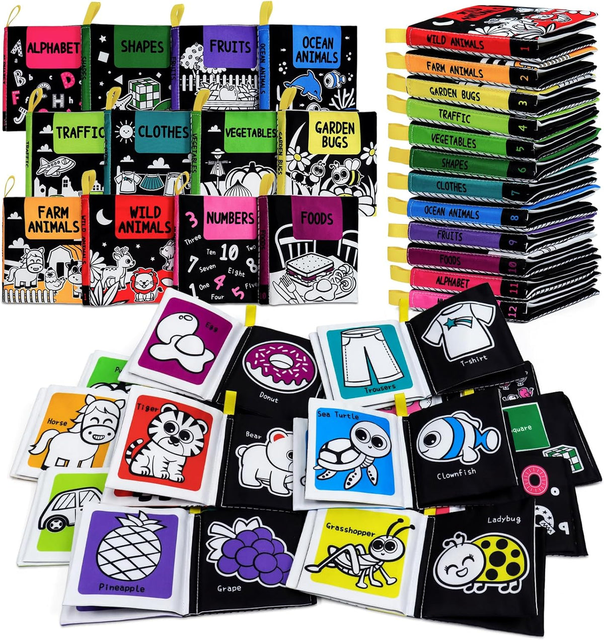 OKOOKO Soft Baby Books Black and White High Contrast 12PCS Soft Cloth Books Bath Books Crinkle