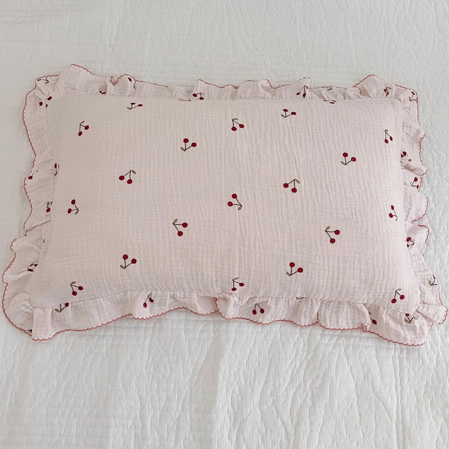 BuLuTu Cotton Muslin Kids Toddler Pillowcase Cherry Pattern, Soft Travel Pillow Ruffle Edge Nursery