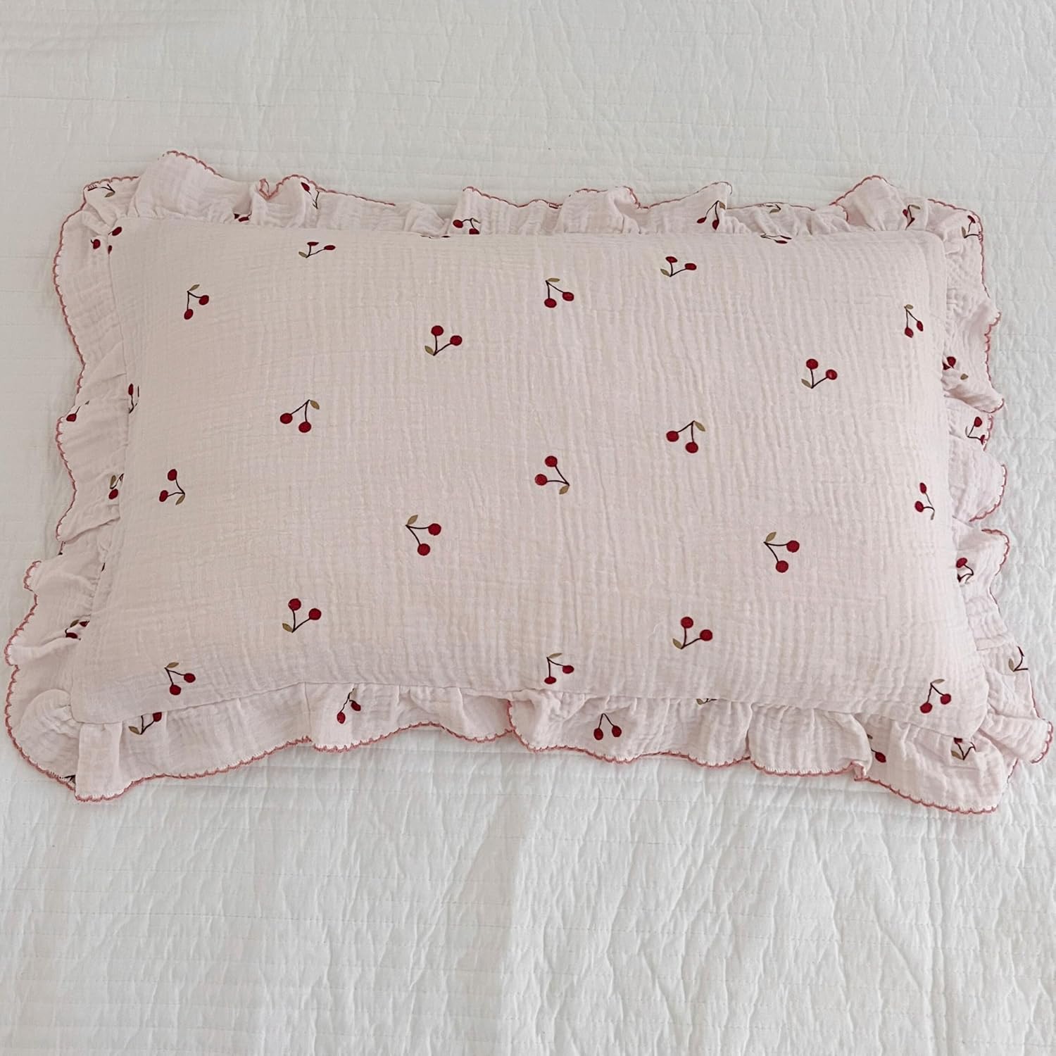 BuLuTu Cotton Muslin Kids Toddler Pillowcase Cherry Pattern, Soft Travel Pillow Ruffle Edge Nursery