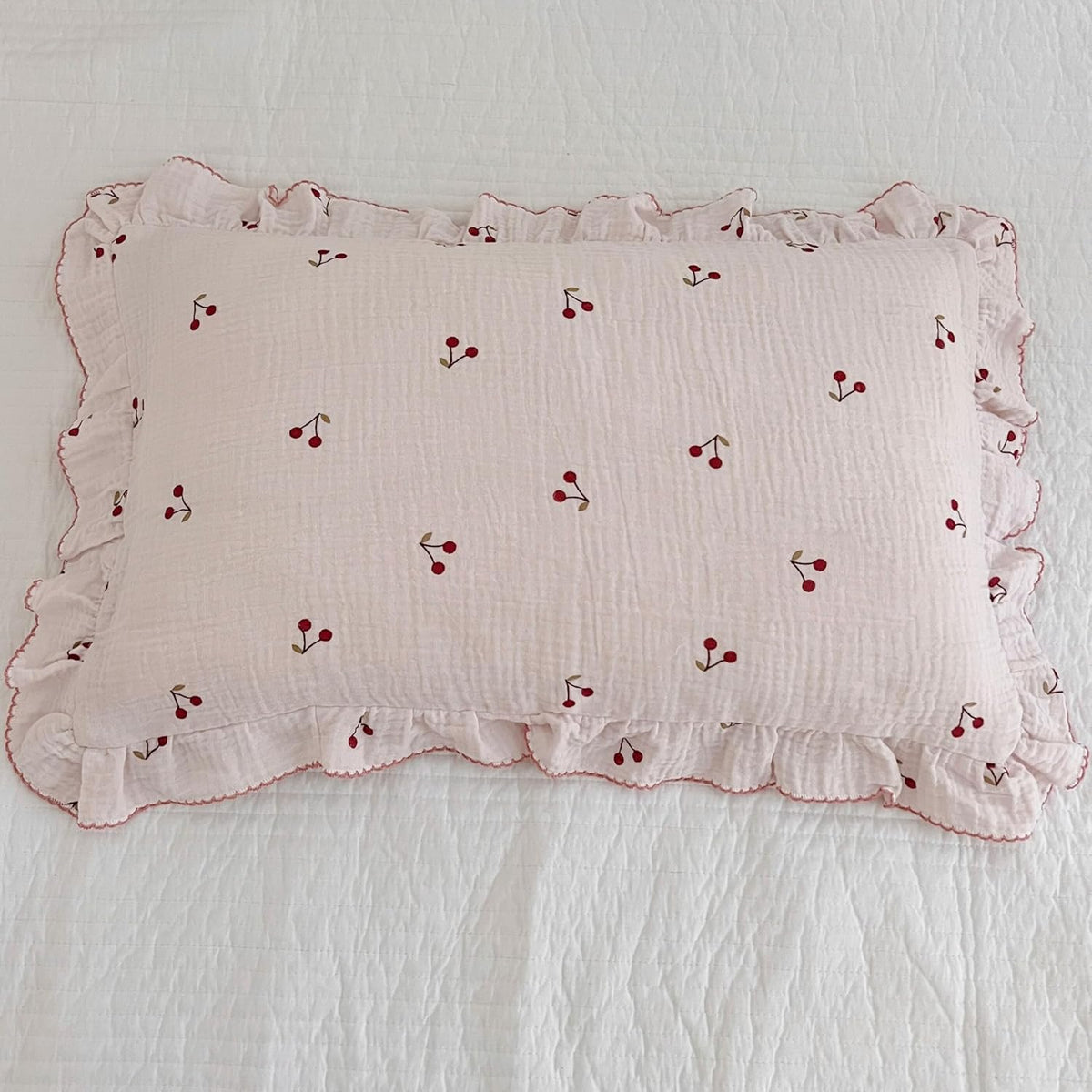 BuLuTu Cotton Muslin Ruffle Edge Kids Toddler Pillowcase Standard,Cherry Pattern Soft Travel Pillow