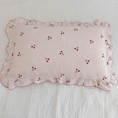 BuLuTu Cotton Muslin Ruffle Edge Kids Toddler Pillowcase Standard,Cherry Pattern Soft Travel Pillow