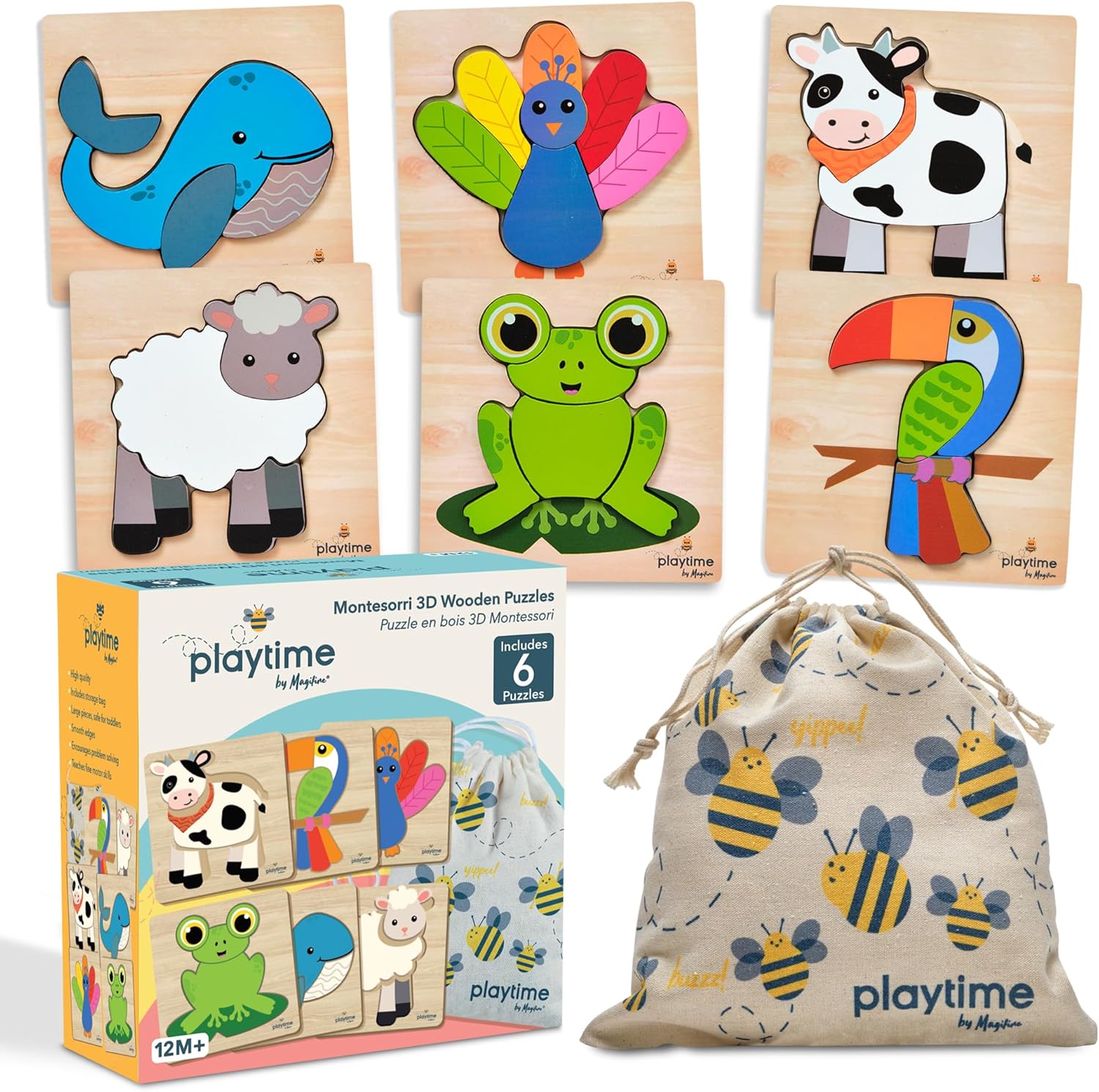 MAGIFIRE Wooden Puzzles for Toddlers 1-3 - 6-Pack Multicolor Cartoon Animal Puzzle Set - Large