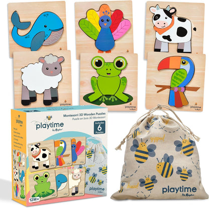 MAGIFIRE Wooden Puzzles for Toddlers 1-3 - 6-Pack Multicolor Cartoon Animal Puzzle Set - Large