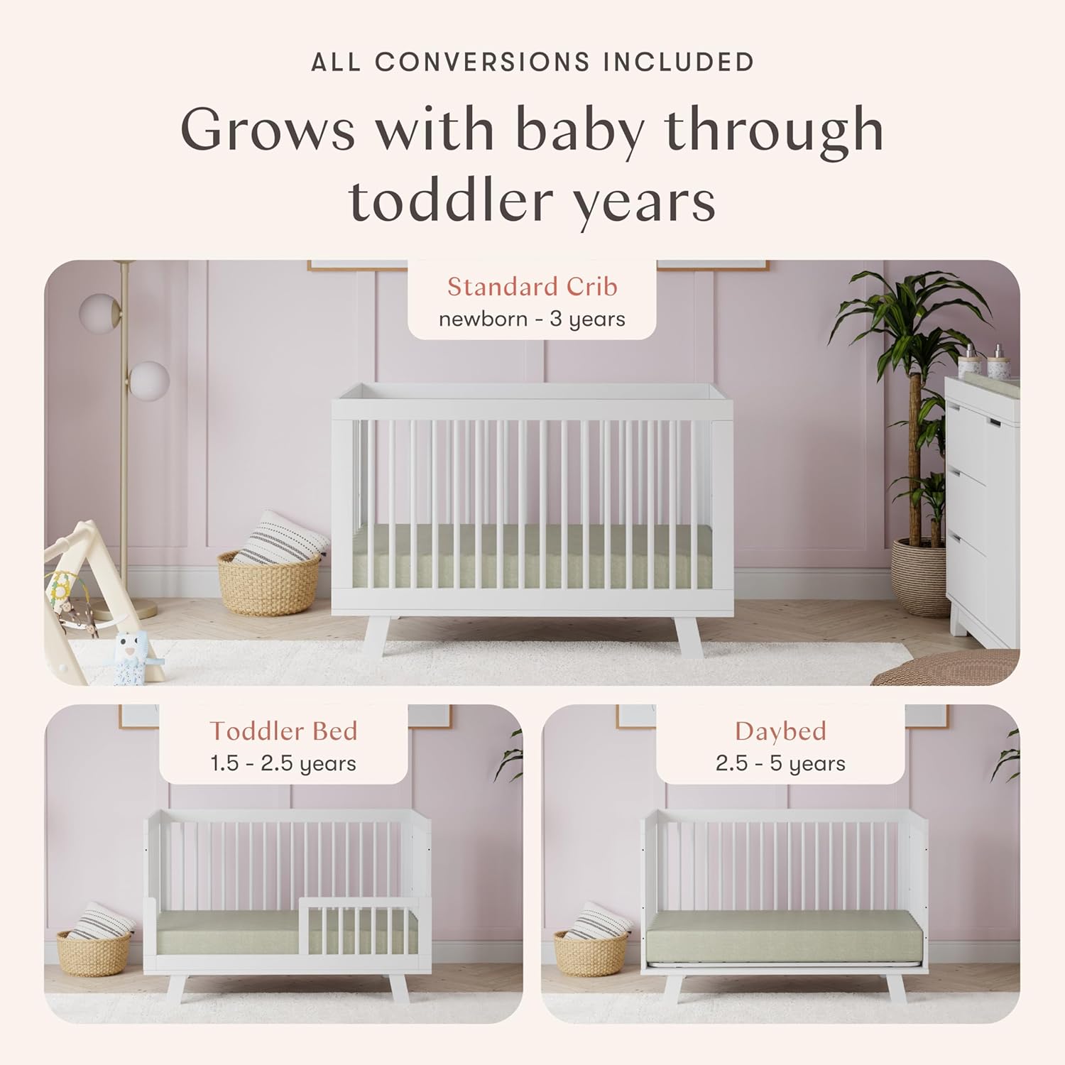 Babyletto Hudson 3-in-1 Convertible Baby Crib with Toddler Bed & Daybed Conversion - Easy to
