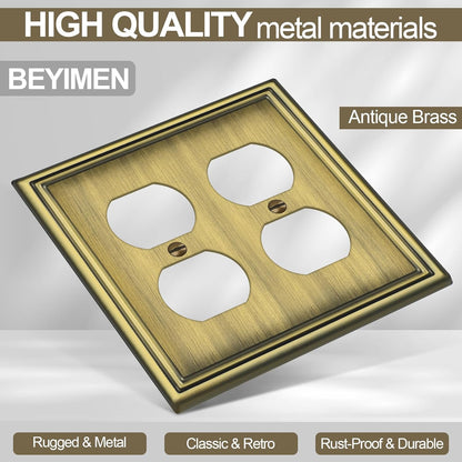 Metal Double Outlet Covers Wall Plate, Antique Brass Decorative Light Switch Plate 2 Gang Duplex