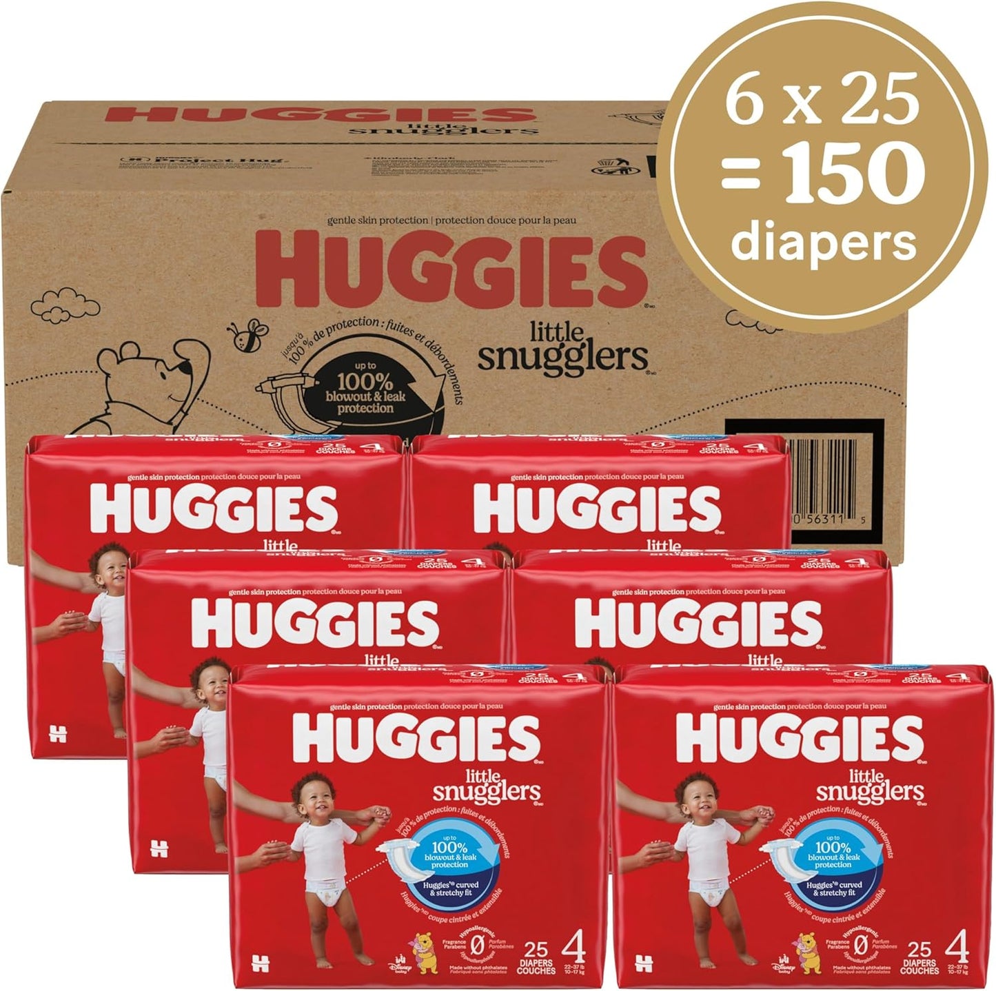 Huggies Size 4 Diapers, Little Snugglers Baby Diapers, Size 4 (22-37 lbs), 150 Count (6 Packs of