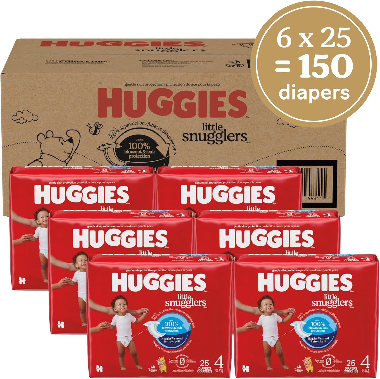 Huggies Size 4 Diapers, Little Snugglers Baby Diapers, Size 4 (22-37 lbs), 150 Count (6 Packs of