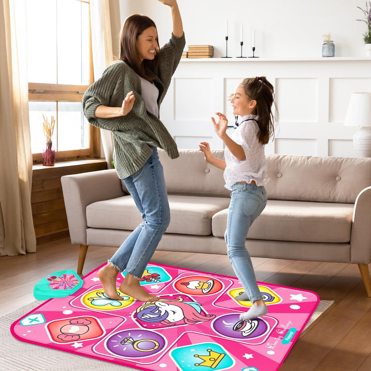 Unicorn Dance Mat, Dance Mixer Rhythm Step Play Mat, Pink Dance Pad with LED Lights, Adjustable