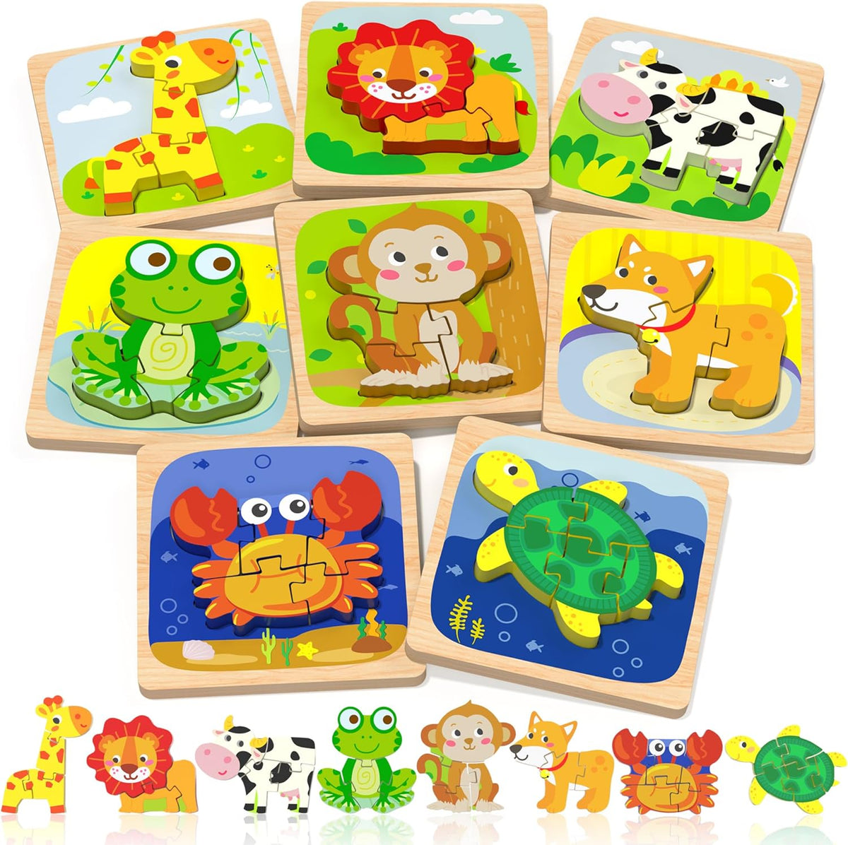 Benresive Wooden Toddler Puzzles, 8pcs Animal Montessori Toys for 1-3 Year Old Boys & Girls