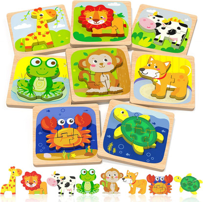Benresive Wooden Toddler Puzzles, 8pcs Animal Montessori Toys for 1-3 Year Old Boys & Girls