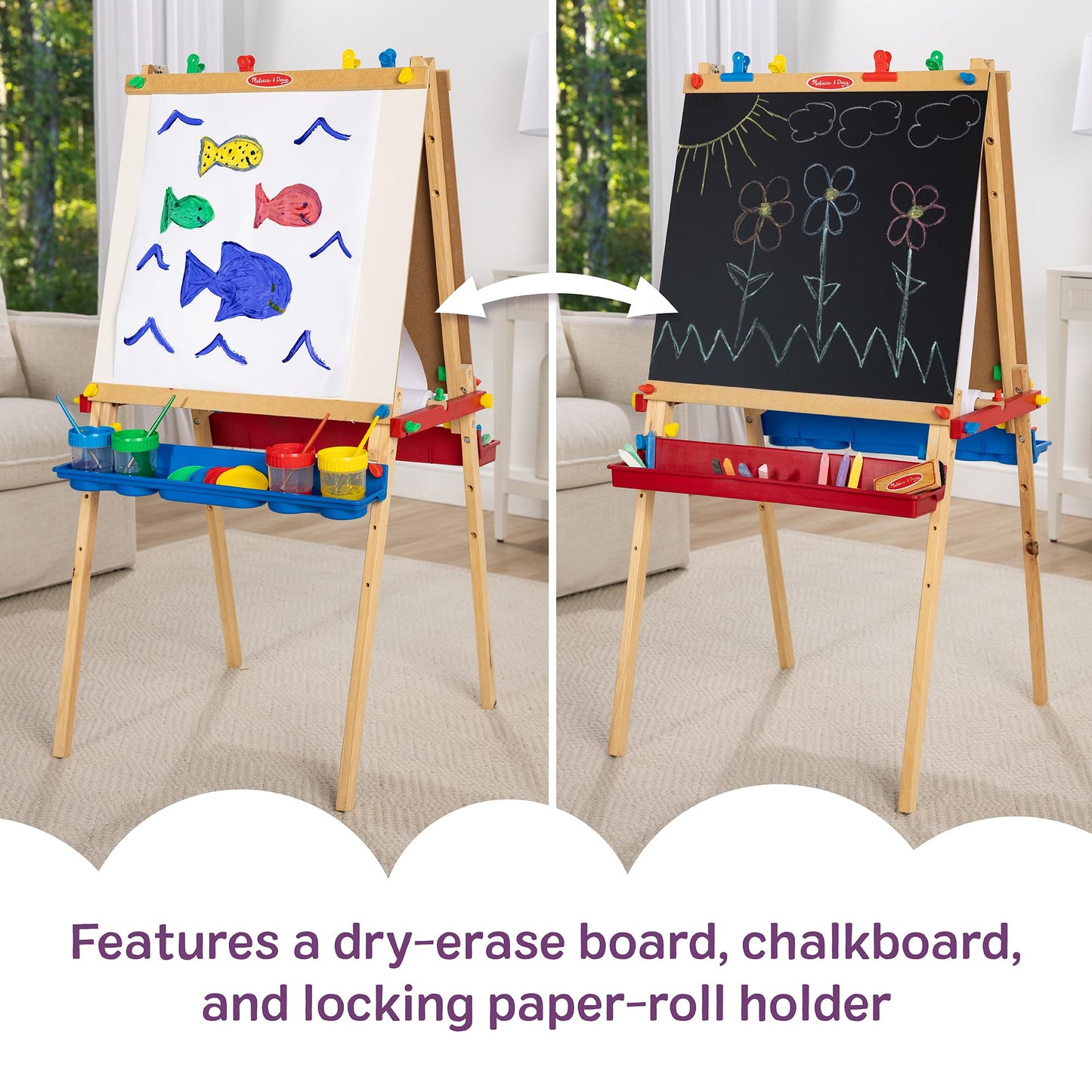 Melissa & Doug Deluxe Wooden Art Easel for Kids with Dry-Erase Board, Chalkboard & Drawing Paper