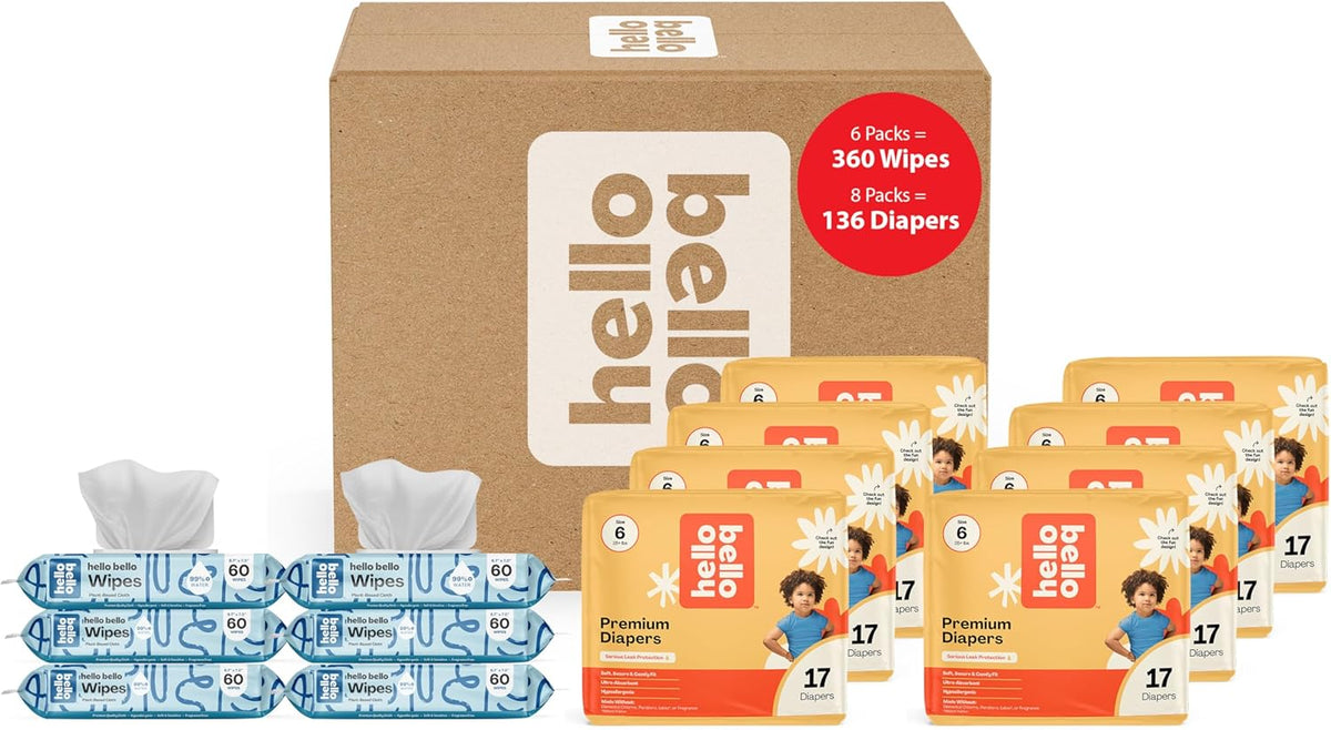 Hello Bello Mega Surprise Pack, Size 6 (35+ lbs), 136ct Hypoallergenic Assorted Diapers with a