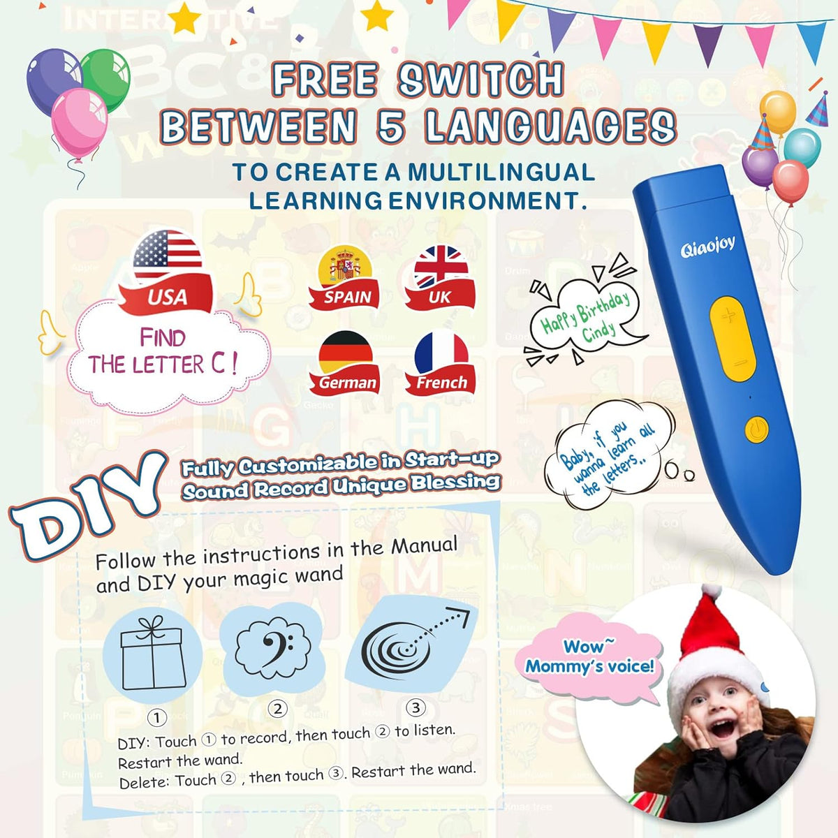 Bilingual Interactive for Kids Talking USA Map Alphabet Poster for Toddlers Learning and