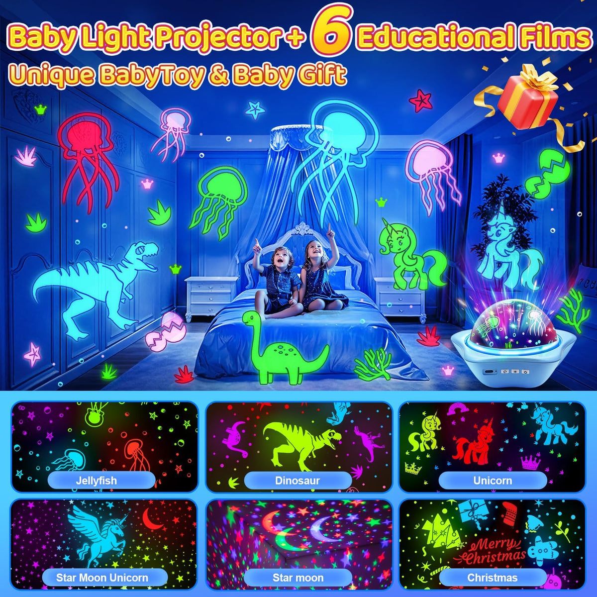 Jellyfish Baby Night Light Projector, Dinosaur+Jellyfish+Unicorn Night Light Projector, 96