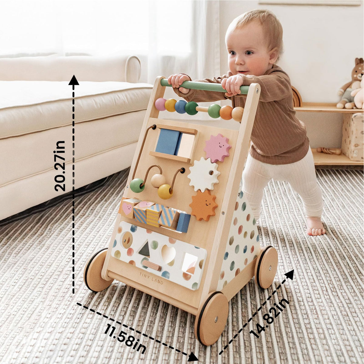 Tiny Land Wooden Baby Walker with Activity Center, Montessori Push Walker