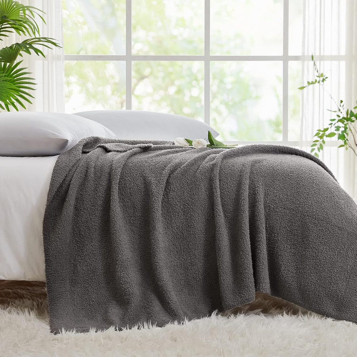 CYMULA Super Soft Knit Throw Blanket Twin Size Dark Grey-Lightweight Plush Fuzzy Fluffy Warm Cozy
