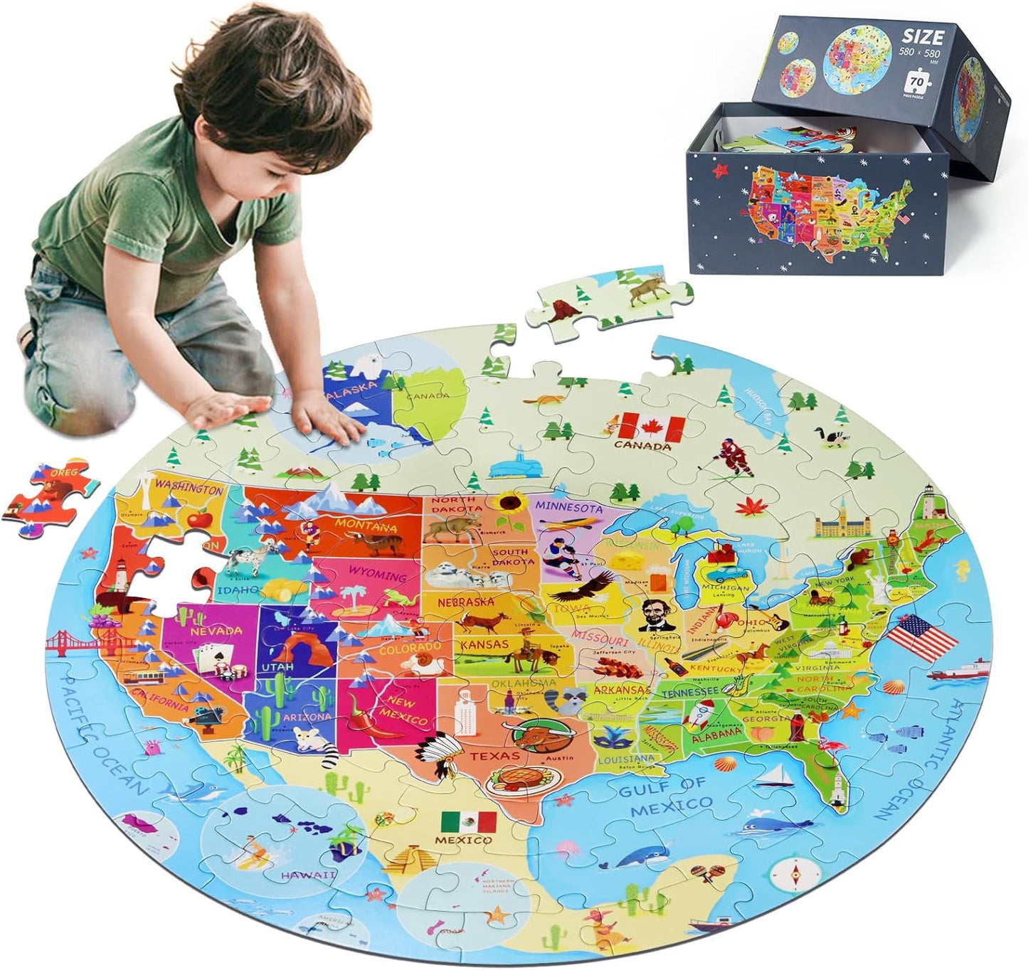 United States Puzzle 70 Pieces USA Map Floor Jigsaw Puzzles for Kids Ages 4-10, Jumbo Round US