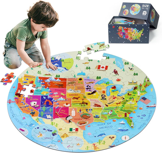 United States Puzzle 70 Pieces USA Map Floor Jigsaw Puzzles for Kids Ages 4-10, Jumbo Round US