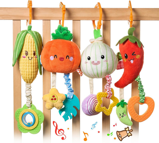 TUMAMA Hanging Baby Toys, 4 Pack Vegetable Crib Stroller Baby Gym Mobile Plush Toys, Early Baby