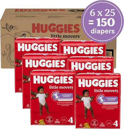 Huggies Size 4 Diapers, Little Movers Baby Diapers, Size 4 (22-37 lbs), 150 Count (6 Packs of 25)
