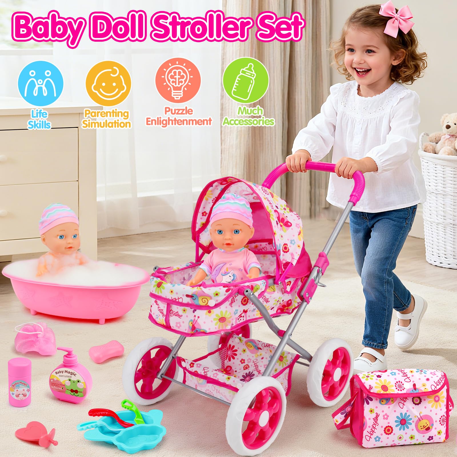Qirptey Baby Doll Stroller Set Toys for Girls Toddlers 3-5 4-6 5-7