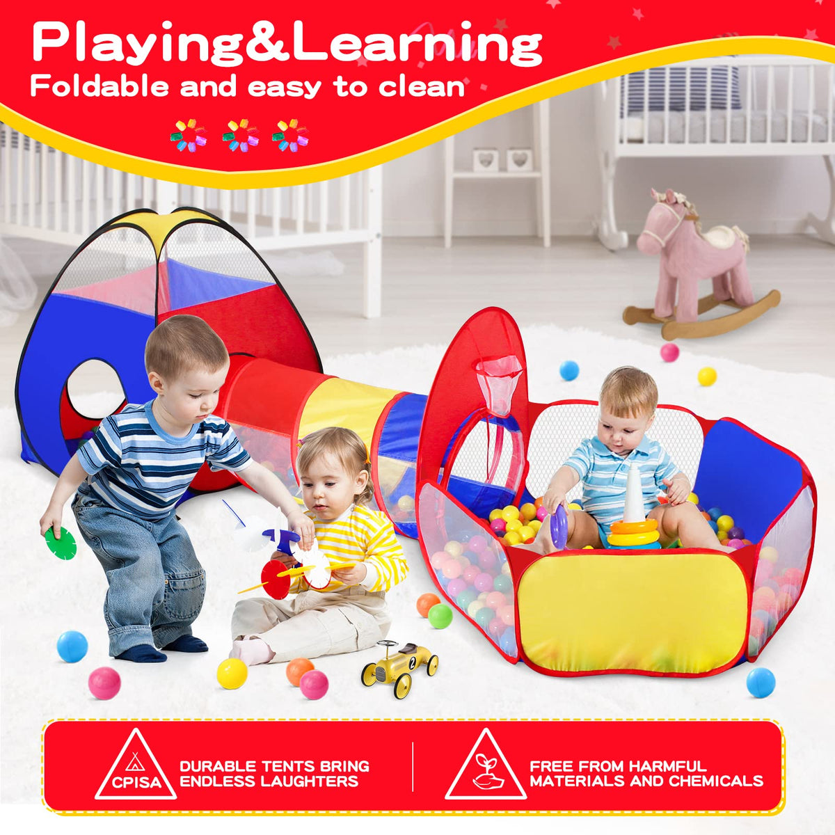 GeerWest 3 in 1 Kids Play Tent for Toddler with Baby Ball Pit and Play Tunnel, Children Indoor