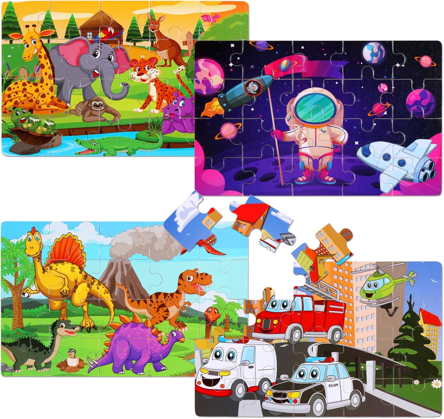 Wooden Puzzles Toys for Kids Ages 3-5, Set of 4 Packs Dinosaur, Space, Transportation Wood Toddler