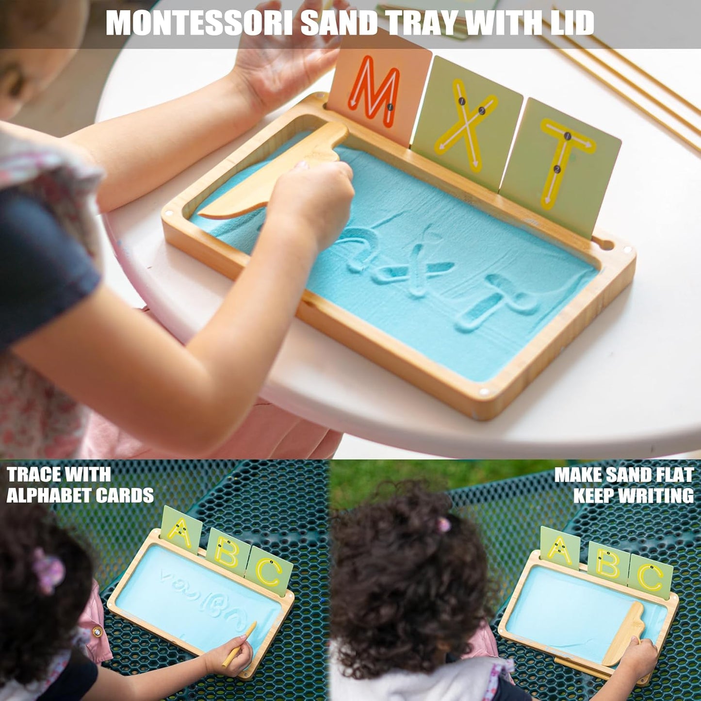Montessori Sand Tray with Lid - Wooden Sand Trays for Kids Writing Letters and Numbers, Preschool