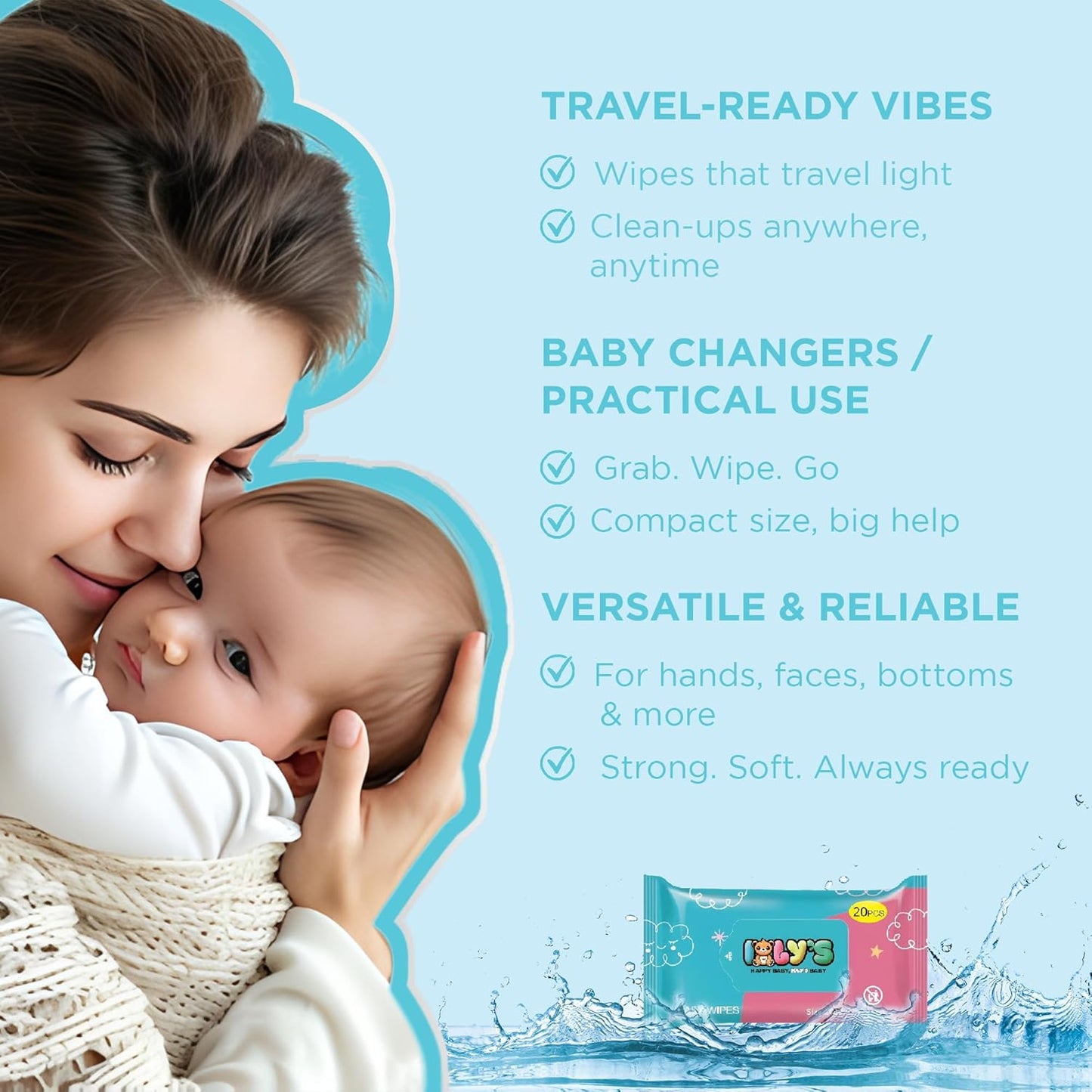 Ioly's Baby Wipes Unscented Wet Wipes 99% Water Based with Aloe Vera Fragrance Free Travel Pack 20