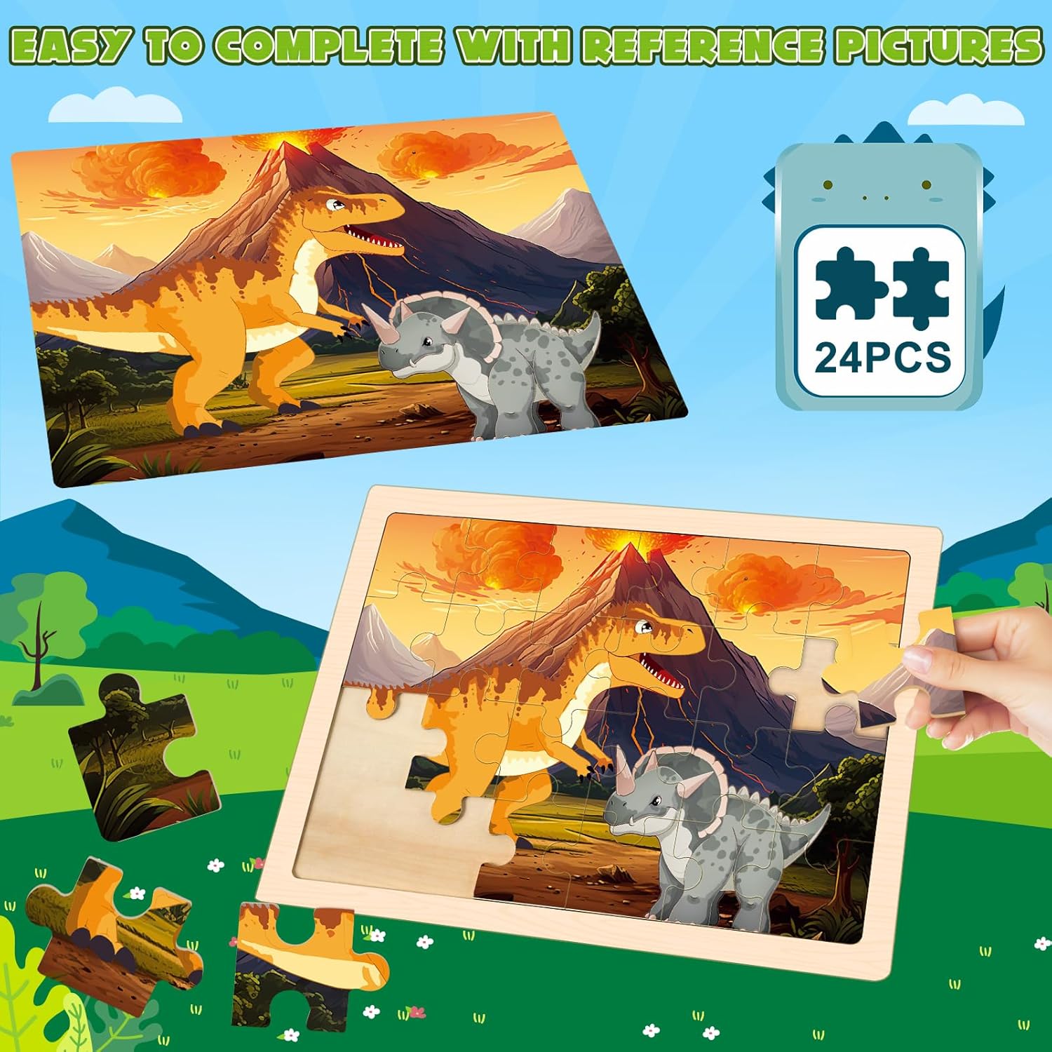 Wooden Dinosaurs Puzzles for Kids Age 3 4 5 Year Old, 4 Pack 24 Pcs Montessori Toddler Jigsaw