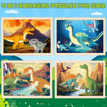 Wooden Dinosaurs Puzzles for Kids Age 3 4 5 Year Old, 4 Pack 24 Pcs Montessori Toddler Jigsaw