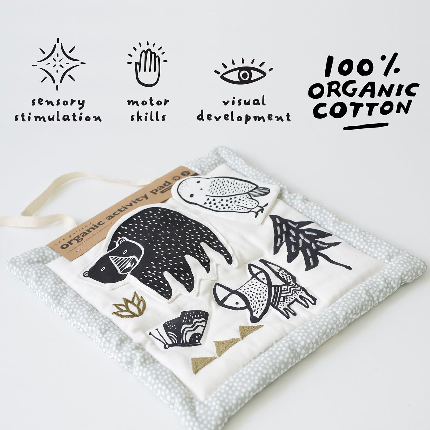 Wee Gallery Woodland Activity Pad Organic Baby Play Mat with Sensory Toys, High Contrast Newborn