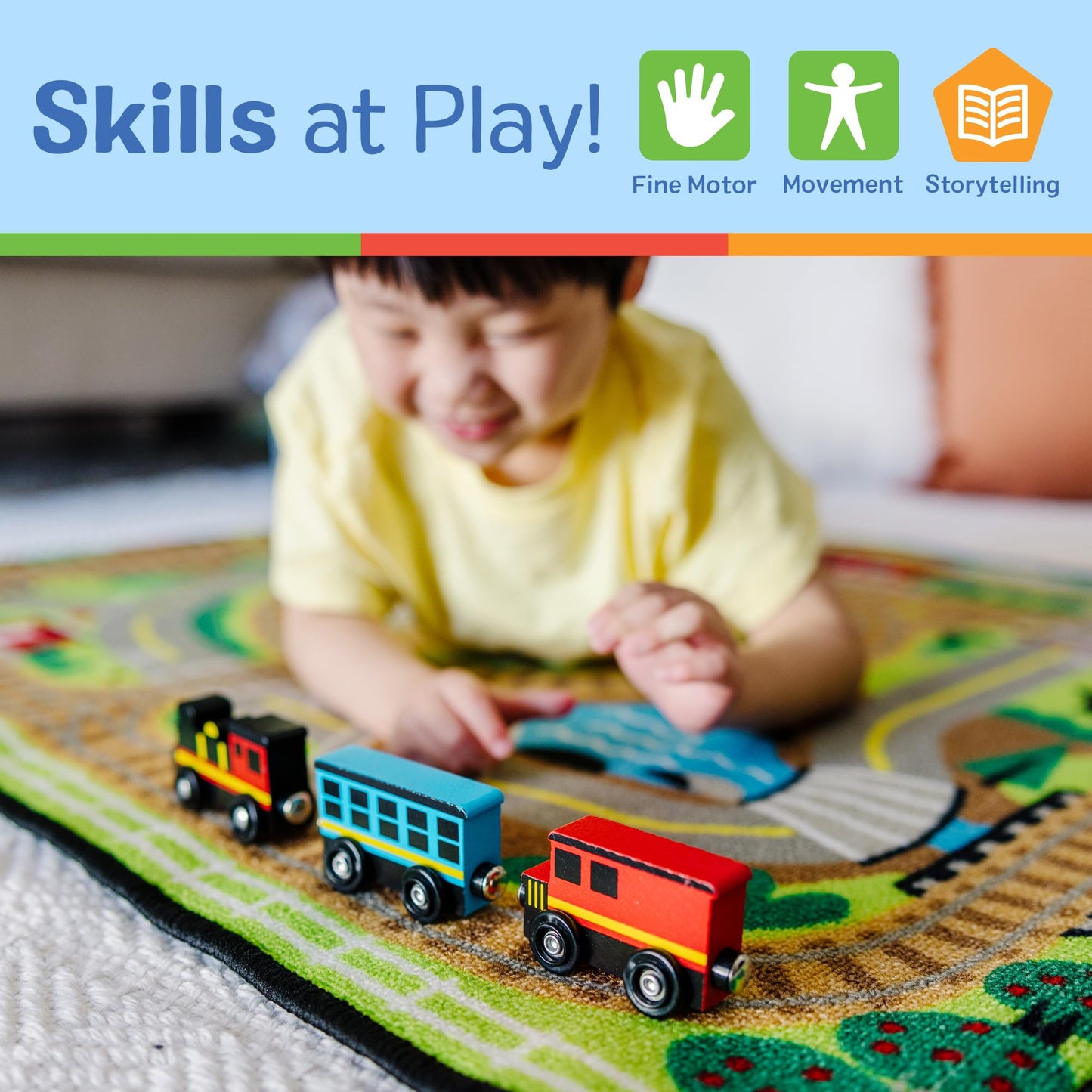 Melissa & Doug Wooden Train Cars, 8-Piece Magnetic Train Set with Toy Storage Tray, Steam Engine