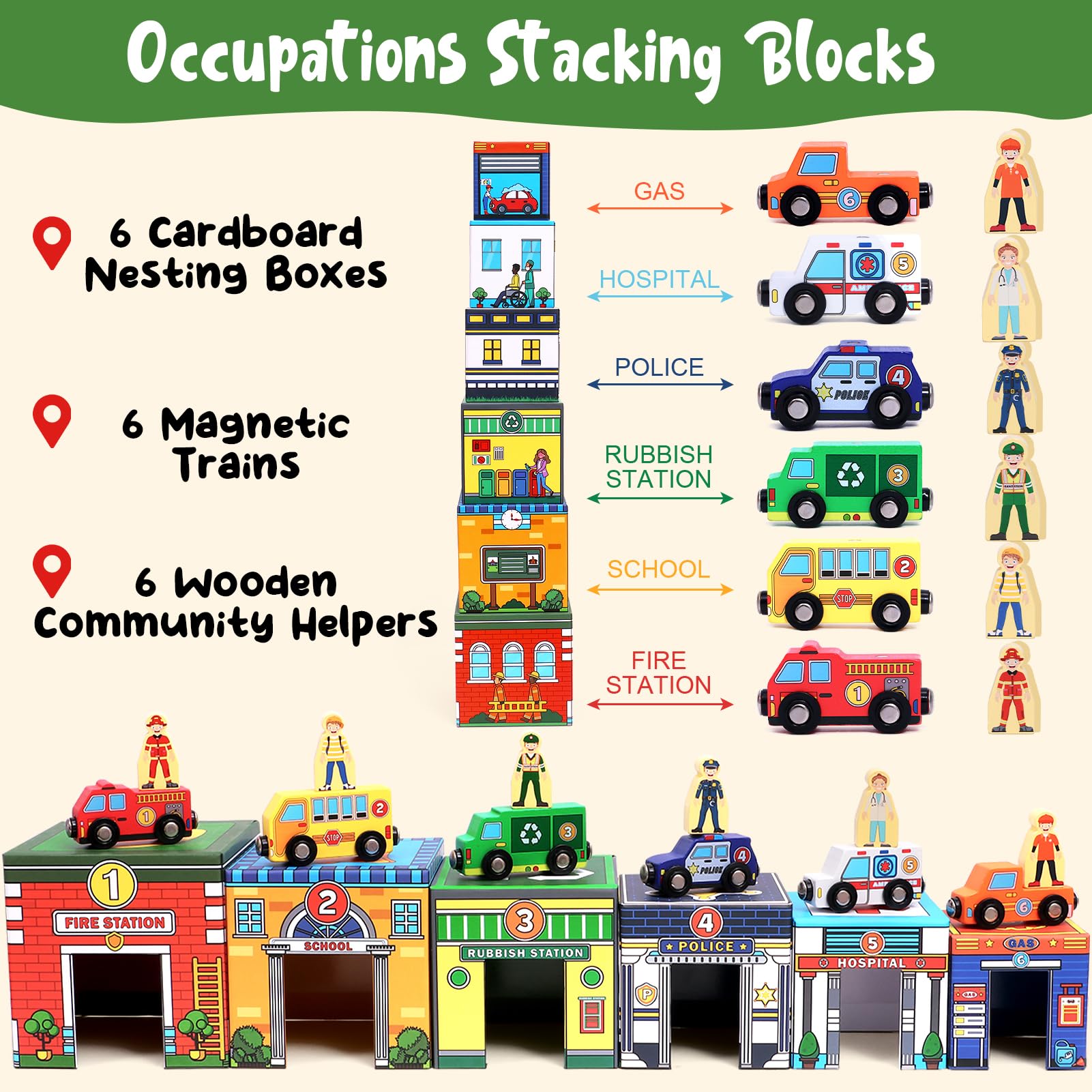 Atoylink Toddler Sorting and Stacking Toys with Magnetic Wooden Cars & Community Helpers, Baby