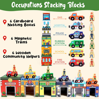 Atoylink Toddler Sorting and Stacking Toys with Magnetic Wooden Cars & Community Helpers, Baby
